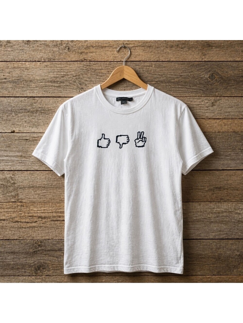 French Connection White Graphic T-Shirt with Thumbs Up, Thumbs Down, Peace Sign